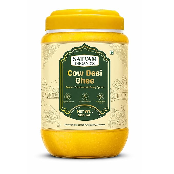 Satvam Organics Cow Desi Ghee – 500ml | 100% Pure & Natural | Traditional Bilona Style | Rich Aroma & Authentic Taste