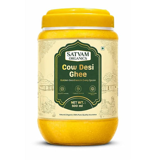 Satvam Organics Cow Desi Ghee – 500ml | 100% Pure & Natural | Traditional Bilona Style | Rich Aroma & Authentic Taste