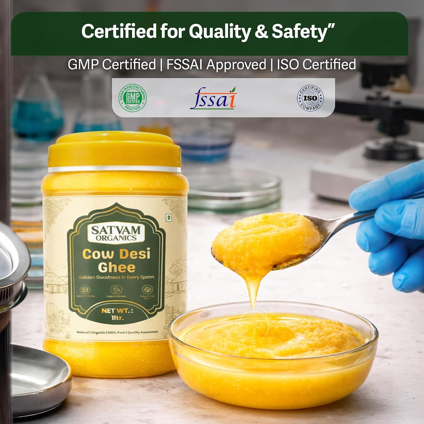 Satvam Organics Cow Desi Ghee – 100ml | 100% Pure & Natural | Traditional Bilona Style | Rich Aroma & Authentic Taste